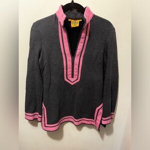 Tory Burch Gray & Pink Mock Neck‎ Long Sleeve Tunic Sweater Top Sz XS